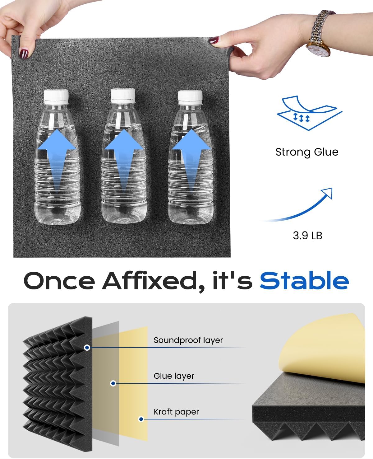 Sonicism 12 Pack Pyramid Sound Proof Foam Panels with Self-Adhesive, 12" X 12" X 2" Acoustic Foam Panels of High Density, Soundproof Wall Panels Fast Expand, Sound Absorption and Decoration (Black)