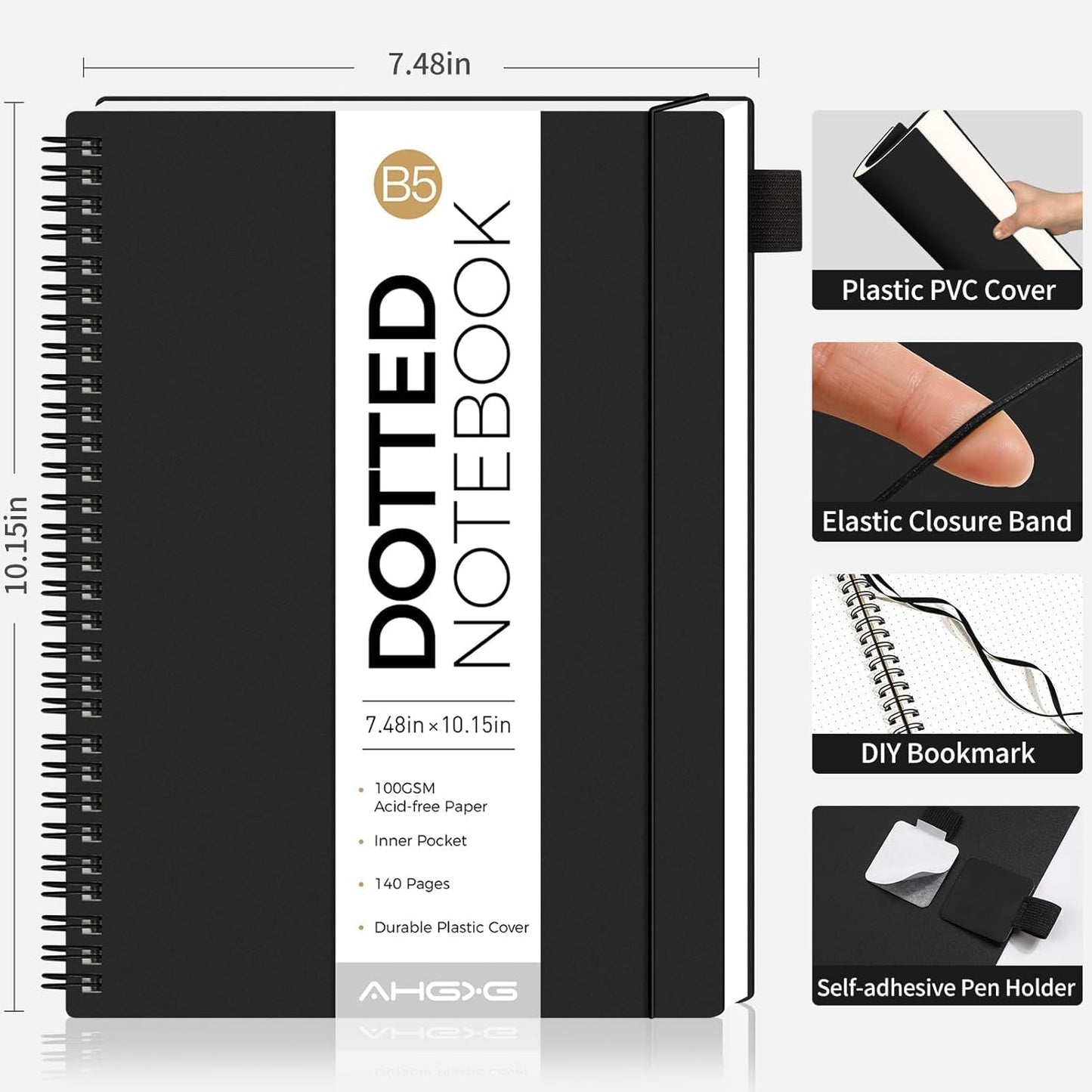 AHGXG Bullet Dotted Journal - Dot Grid Spiral Notebook B5, 140 Pages, 100 GSM Thick Paper, Waterproof Plastic Cover Journals for Bullet Journaling, Sketching, 7.6" x 10", Black