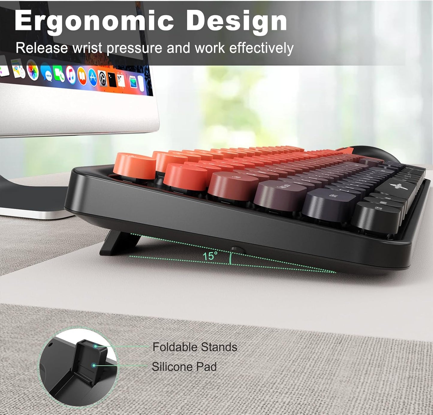 Wireless Keyboard and Mouse Combo, 104 Round Keys Cute Colorful Keyboard and Mouse with Retro Typewriter for PC/Mac/Laptop/Tablet/Computer/Windows Black Red