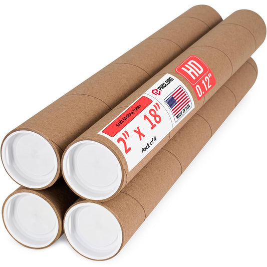 2" x 18" Heavy-Duty Reinforced Cardboard Mailing Tube, Pack of 4 Tubes with 8 Caps – Secure USPS Approved – Great for Shipping and Storing of Prints, Artwork, Posters or Documents