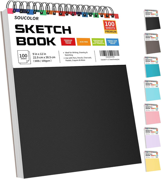 Soucolor 9" x 12" Sketch Book, 1-Pack 100 Sheets Spiral Bound Art Sketchbook, (68lb/100gsm) Acid Free Artist Drawing Book Paper Painting Drawing Writing Sketching Pad for Kids Adult Teens Girls Boys