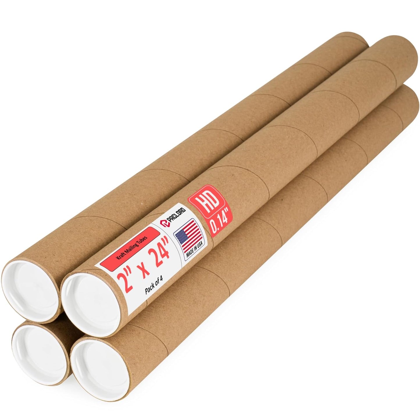 2" x 24" Heavy-Duty Reinforced Cardboard Mailing Tube, Pack of 4 Tubes with 8 Caps – Secure USPS Approved – Great for Shipping and Storing of Prints, Artwork, Posters or Documents