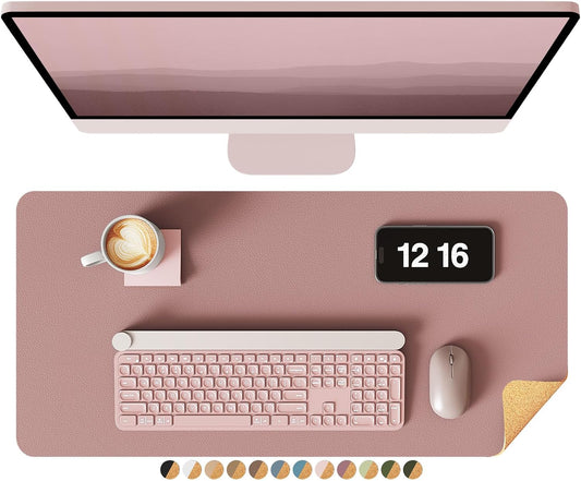 YSAGi Double-Sided Desk Pad, 23.6"x13.7" Leather Desk Mat, Eco Cork Desk Pad Protector, Large Mouse Pad for Desk, Waterproof Desk Blotter Pad, Desk Writing Pad for Office Work/Home(Pale Mauve/Cork)