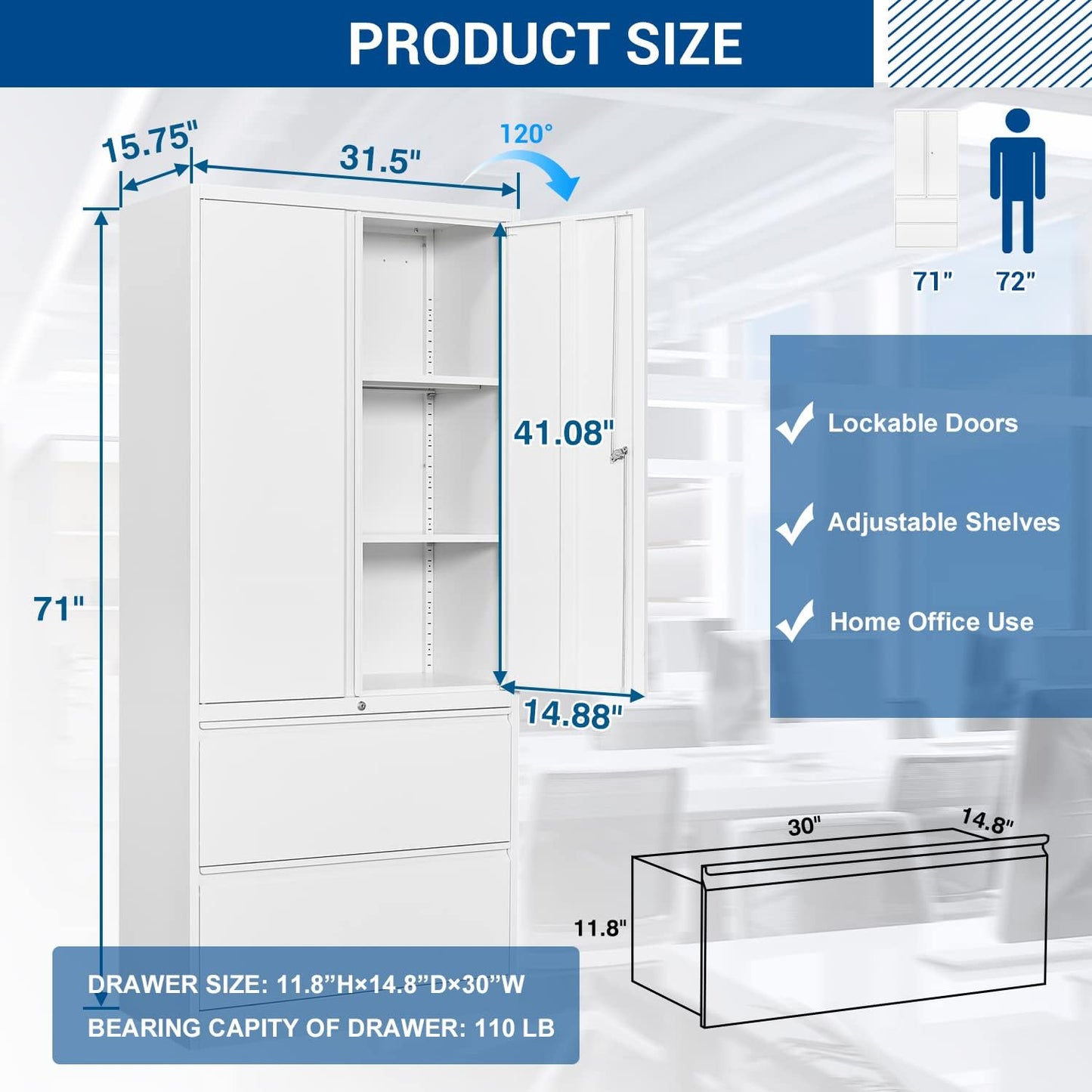 Metal Steel Storage Cabinets with Lockable Drawers and Doors Lateral File Cabinets Steel Metal Filing Lockers for Home Office Hanging Files Letter/Legal/F4/A4 Size
