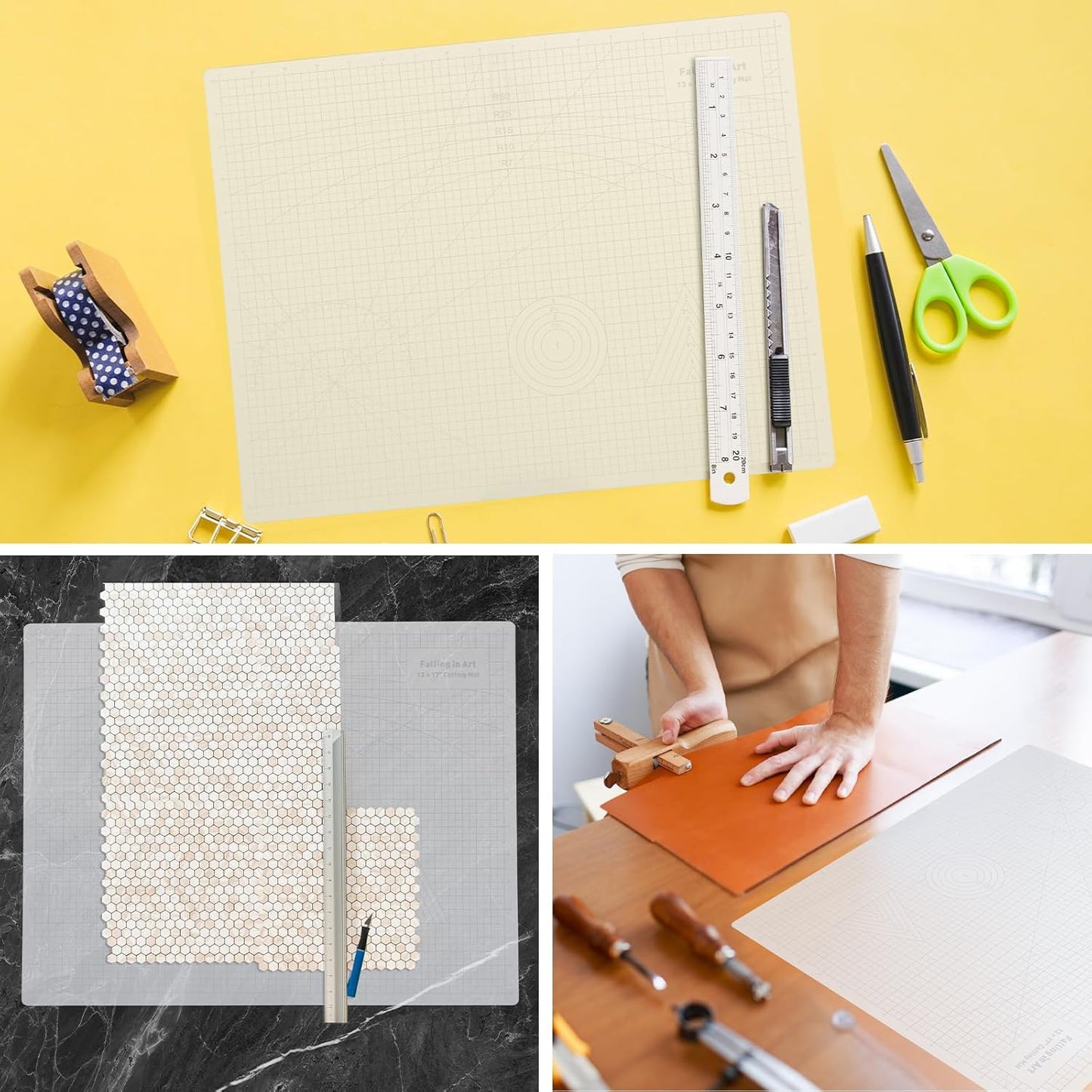 Falling in Art Self Healing Cutting Mat, 13x17" Cutting Mats for Sewing, Double-sided 5-Ply Fabric Cutting Board for Crafting, Quilting and Sewing Projects, White