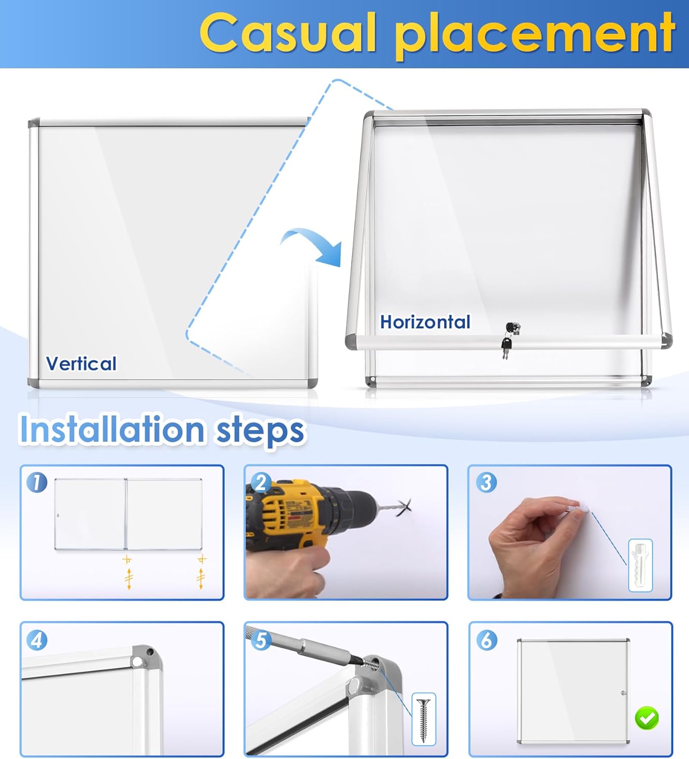 SWANCROWN Lockable Noticeboard White Bulletin Boards Magnetic Wall Mount Message Board with Glass Door and Keys 28x26inch(6xA4)