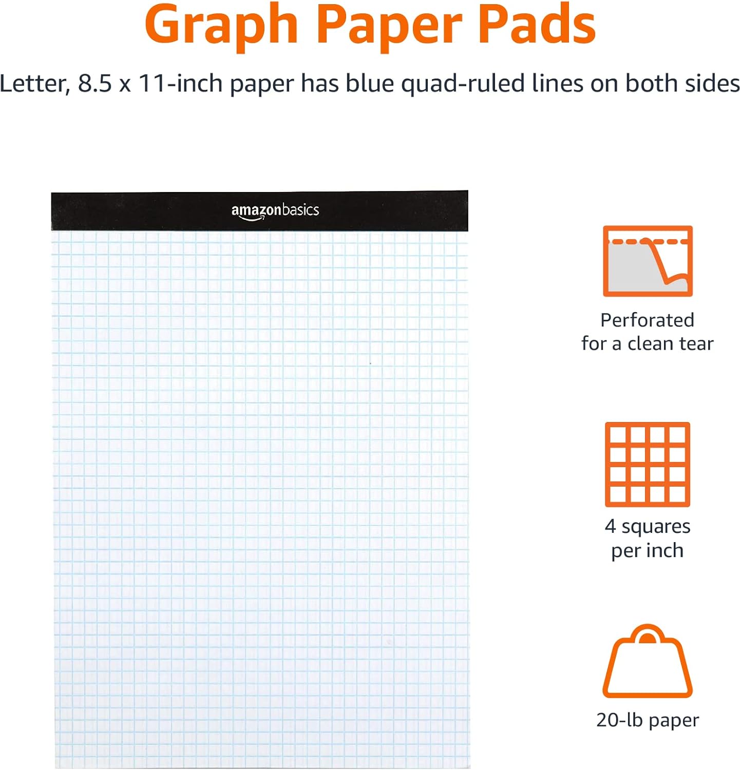Amazon Basics Quad Ruled Graph Paper Pad, 600 Sheets, 6 pack of 100 Sheets, White, Letter Size 8.5 x 11-inch