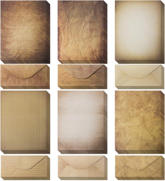 120 Pack Vintage Paper and Envelopes - 60 Sheets of Antique Looking Papers & 60 Antique Style Envelopes - Six Classic Aged Paper Designs - Vintage Printing paper, Vintage Writing Paper, 8.5 x 11 inch