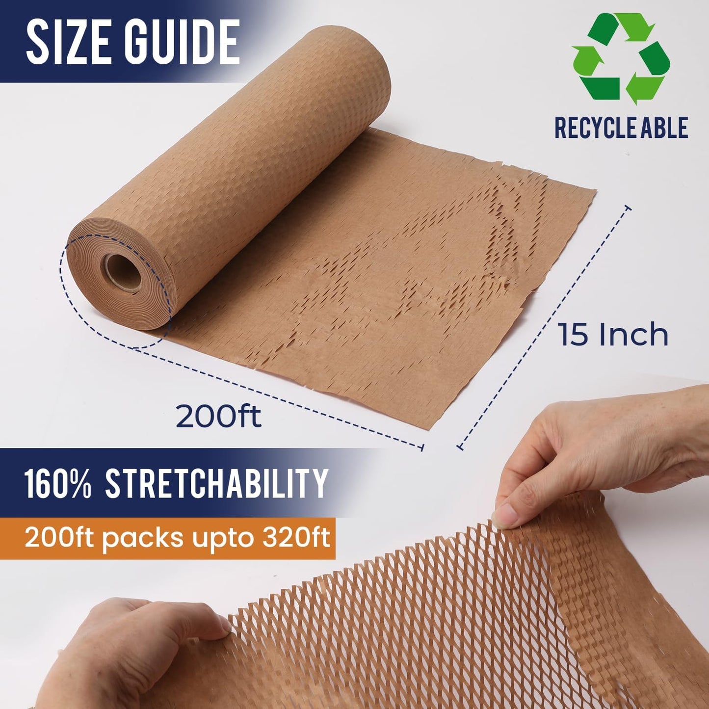 Honeycomb Packing Paper 15" x 200ft with Rope & 20 Fragile Stickers|Shipping & Moving Supplies|Small Business Packaging Supplies|Eco Friendly Bubble Wrap Packing Boxes for Moving Certified FSC C204227