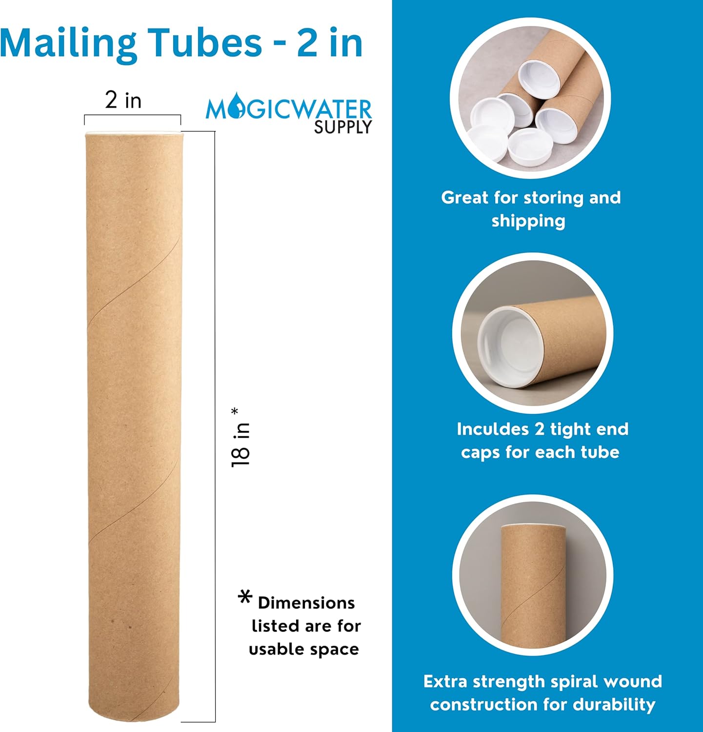 MagicWater Supply Mailing Tube - 2 in x 18 in - Kraft - 2 Pack - for Shipping and Storage of Posters, Arts, Crafts, and Documents
