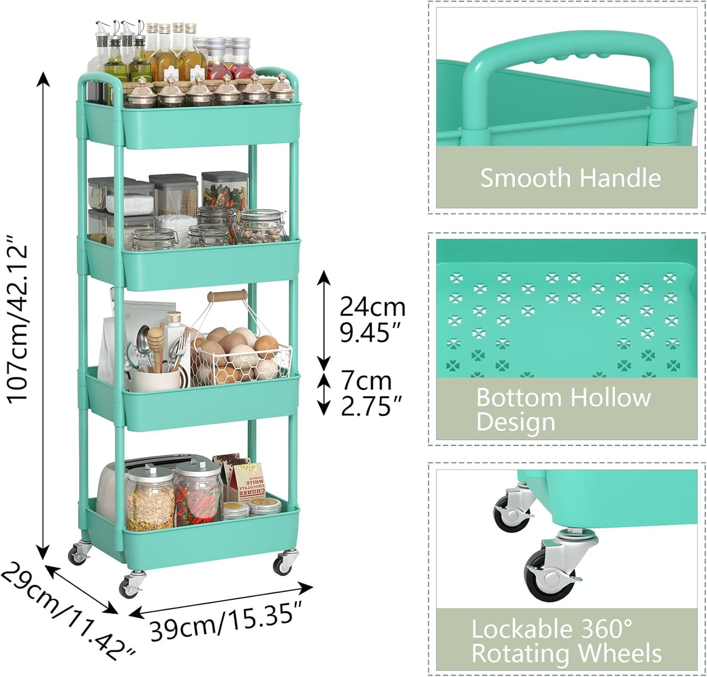 Sywhitta 4-Tier Plastic Rolling Utility Cart with Handle, Multi-Functional Storage Trolley for Office, Living Room, Kitchen, Movable Storage Organizer with Wheels, Green