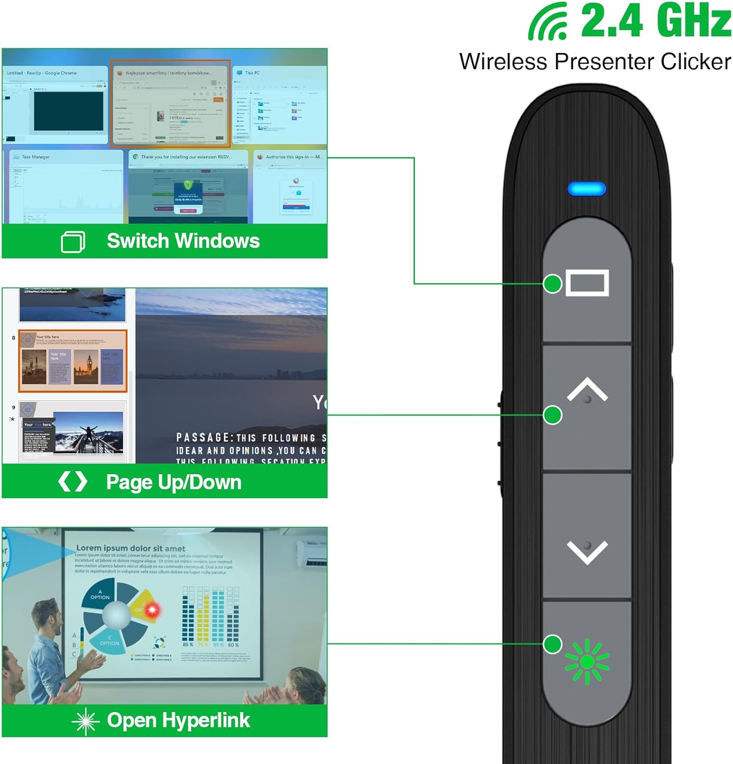 2 in 1 USB Type C Rechargeable Presentation Clicker with Green Pointer, Wireless Presenter for PowerPoint Presentation PPT Clicker, 2.4GHz Presentation Remote Slide Advancer for Computer MacBook