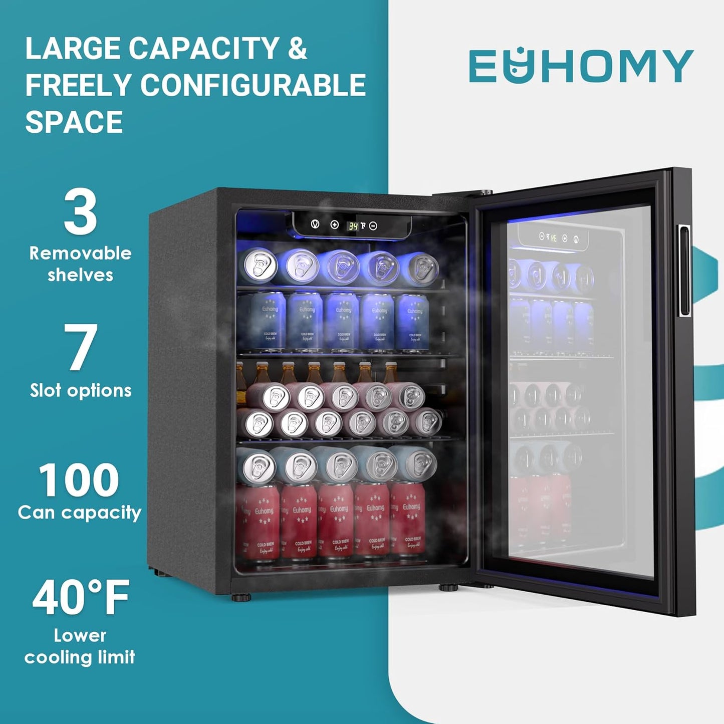 EUHOMY 100 Can Beverage Refrigerator cooler-Mini Fridge Glass Door for Beer Drinks Wines, Freestanding Beverage Fridge with Adjustable Shelves Blue LED for Home/Office/Dorm/Bar, 2.7 cu.ft