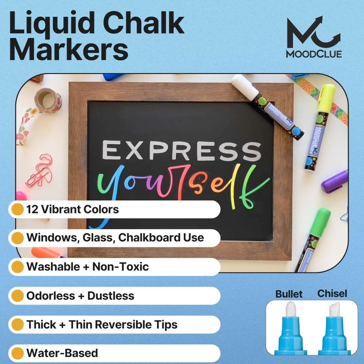 Liquid Chalk Markers Neon 12 Pack. Bold Wet & Dry Erase Marker Pens. Erasable and Washable Chalkboard Markers for Windows, Mirrors, Glass, Whiteboards. Reversible Thick and Fine Tip.