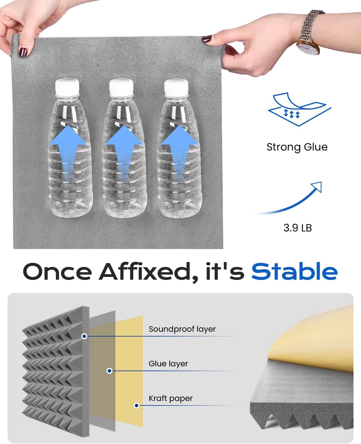 Sonicism Acoustic Panels Self-Adhesive Pyramid 36 Pack,12" X 12" X 2"Sound Proof Foam Panels for Walls Fast Expand 35kg/m³High Density Soundproof Wall Panels,Sound Absorption and Decoration Gray