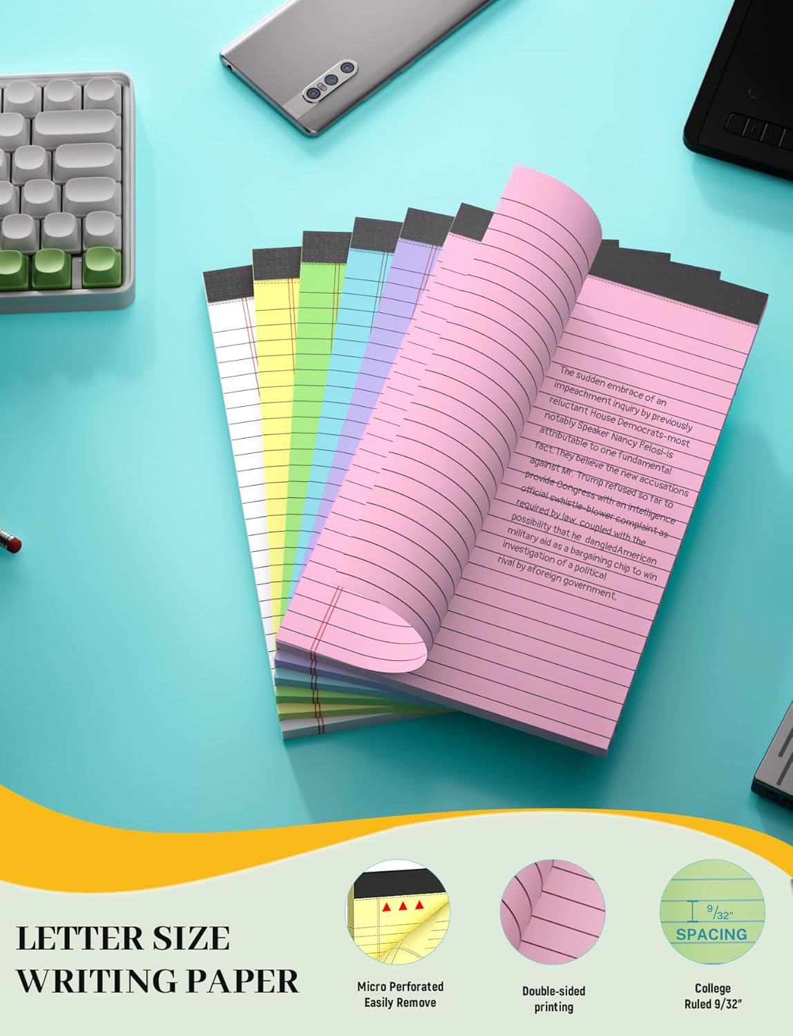 Colored Note Pads 5x8, 48 Pack Pink Small Legal Pads 5x8, College Ruled Small legal Notepads Easy Tear-off, Perforated Lined Writing Pads 5x8, 30 Sheets Colored Mini Legal Pads for Office, School