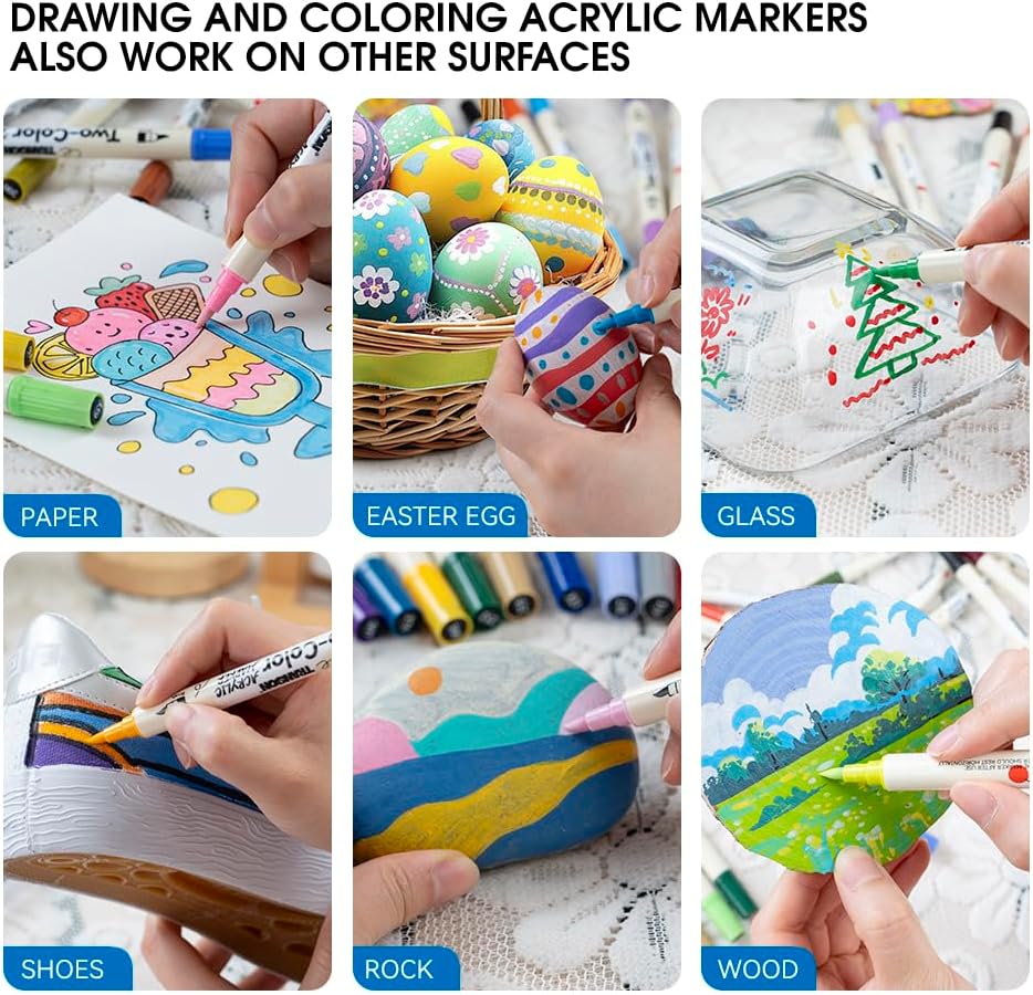 TRANSON 80 Colors Acrylic Paint Marker Set, 40 Pieces of Dual-color Acrylic Paint Pens with Brush Tips Versatile for Craft Painting, Drawing, Rock Painting, DIY, Paint on Most Surfaces