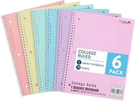 Blue Summit Pastel Spiral Notebook College Ruled, One Subject School Notebooks Spiral, Perforated Notebooks Bulk, 8 x 10.5 School Book, Paper, College Ruled, 6 Pack