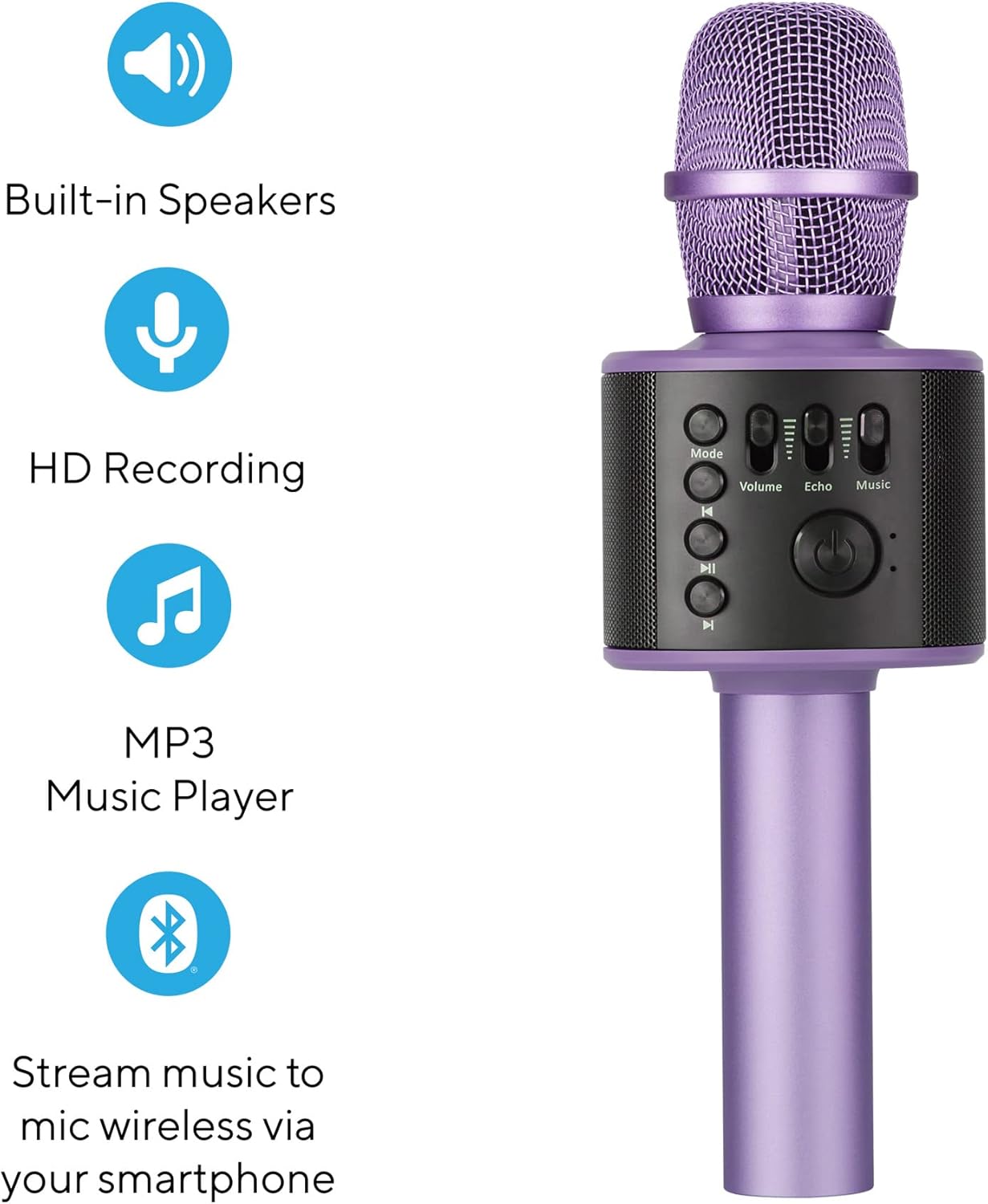 Core Innovations Wireless Bluetooth Karaoke Microphone with Built-in Speakers + HD Recording, Portable Handheld Mic | Lilac
