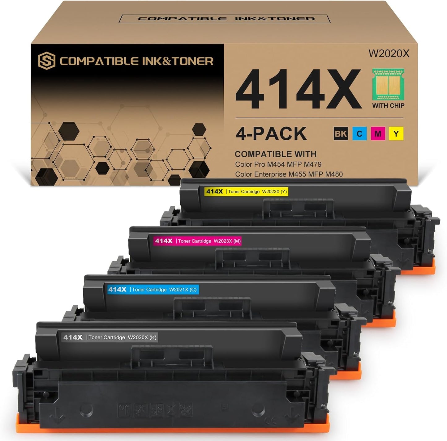 414X High Yield Toner Cartridges 4 Pack (with Chip) Works with Color Pro MFP M479fdw M479fdn M454dw M454dn M479dw M455dn M479 M454, Enterprise M455dn M480f Printer | W2020X W2021X W2022X W2023X 414A