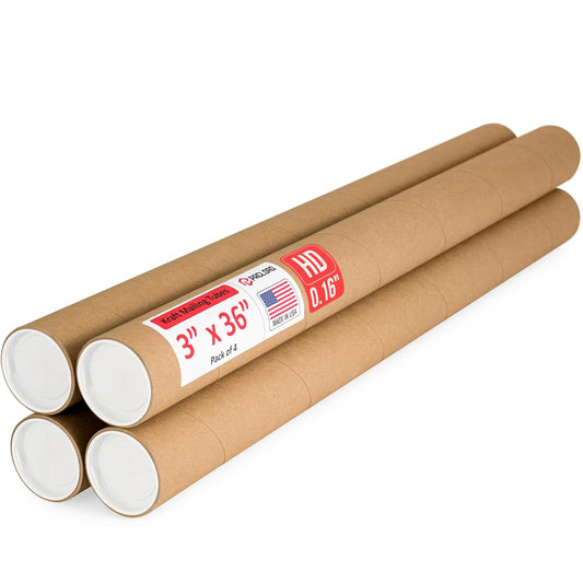 3" x 36" Heavy-Duty Reinforced Cardboard Mailing Tube, Pack of 4 Tubes with 8 Caps – Secure USPS Approved – Great for Shipping and Storing of Prints, Artwork, Posters or Documents