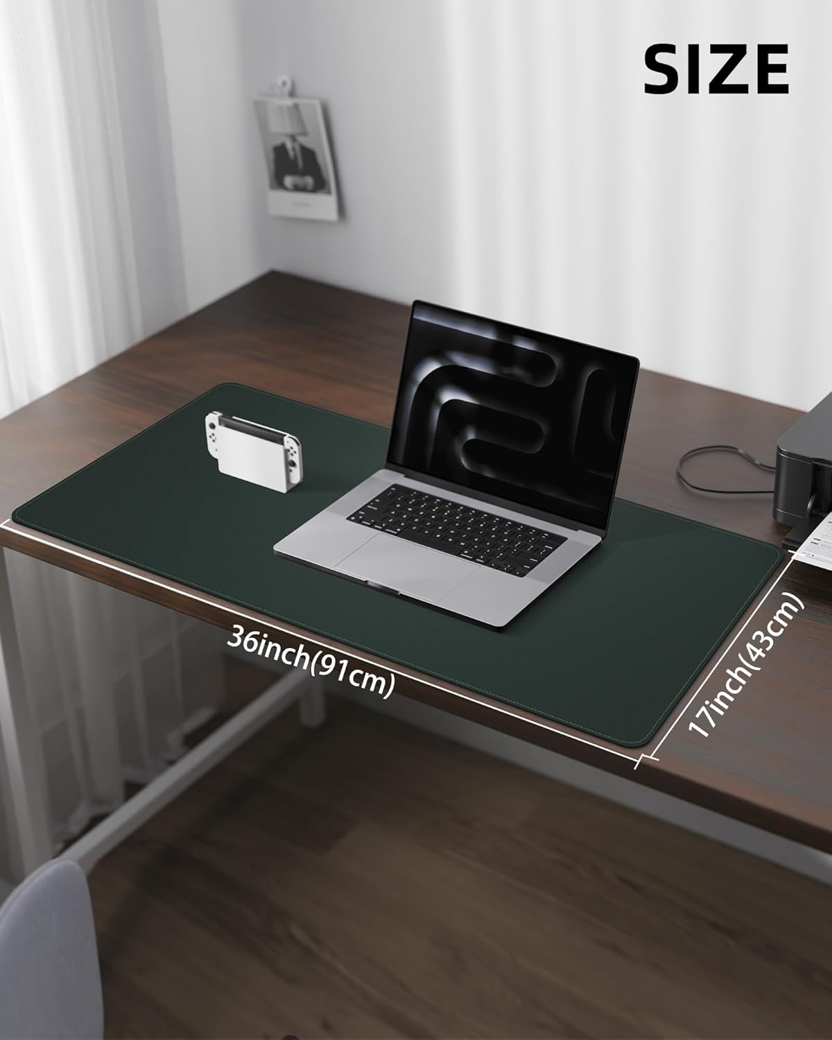 Leather Desk Pad Protector, Large Mouse Pad and Non-Slip Mat, Waterproof PU Leather Blotter Mat for Office and Home (Dark Green, 36" x 17")