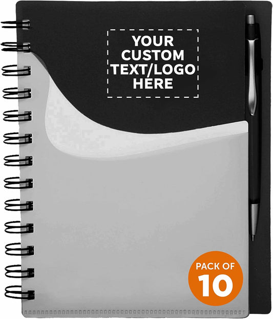 DISCOUNT PROMOS Custom Spiral Notebooks with Front Pocket Set of 10, Personalized Bulk Pack - Durable Plastic Cover, Includes Matching Pen in Blank Ink, Perfect for School, Office, Home - Black
