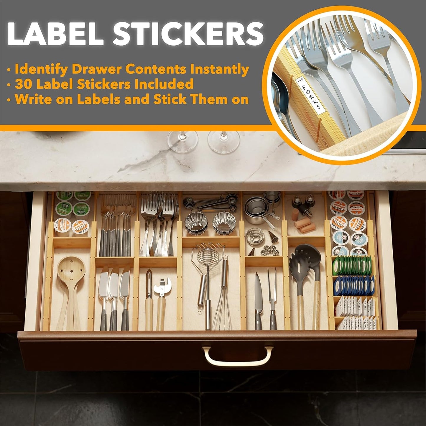 SpaceAid Bamboo Drawer Dividers with Inserts and Labels, Kitchen Adjustable Drawer Organizers, Expandable Organization for Home, Office, Dressers, 10 Dividers with 24 Inserts (17"-22" Natural)