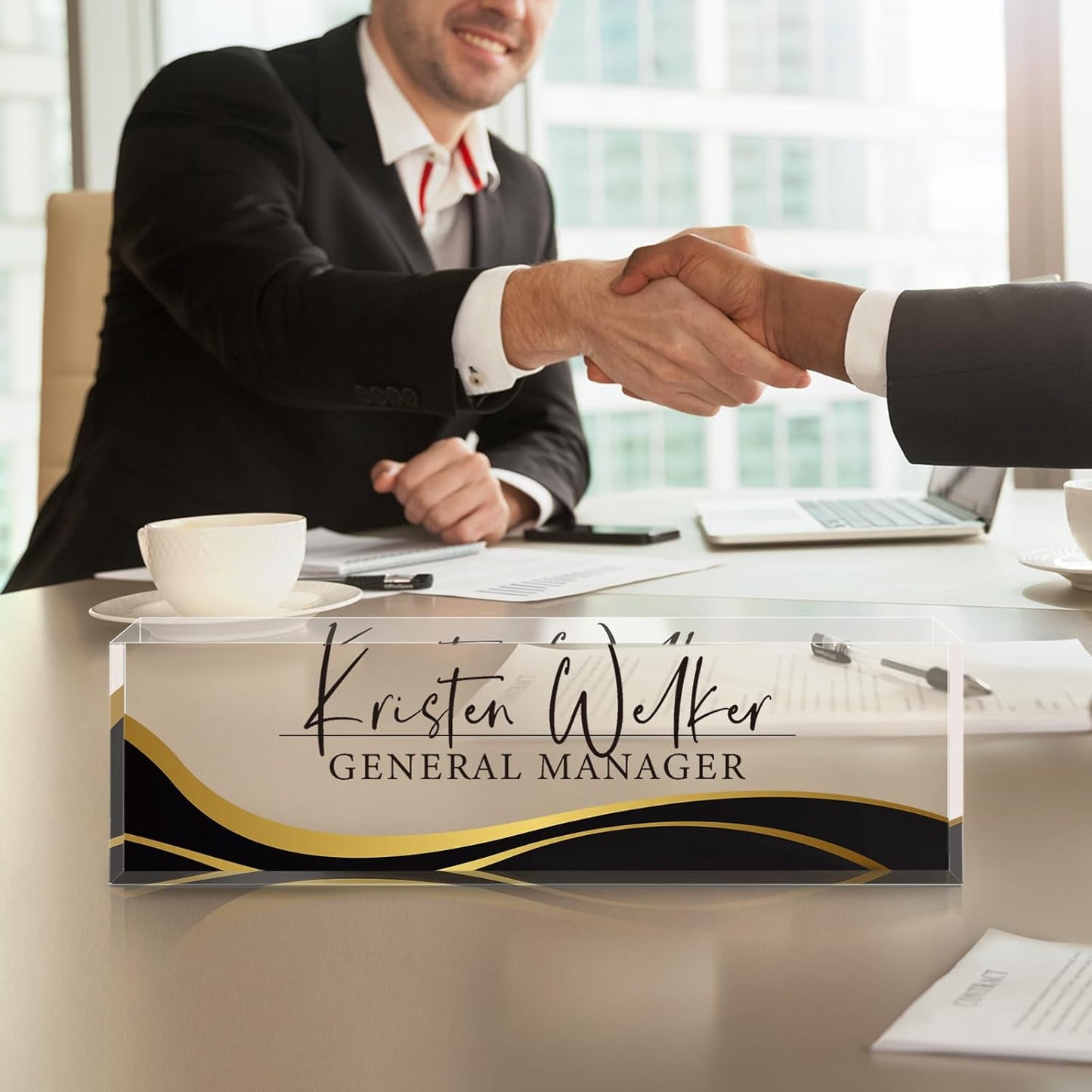 Personalized Name Plate for Desk - Custom Engraved Name Plates for Man - Boss Day Gifts for Boss - Acrylic Office Decor Appreciation Gifts for Teacher Nurse Coworker Social Worker (Wavy Black)