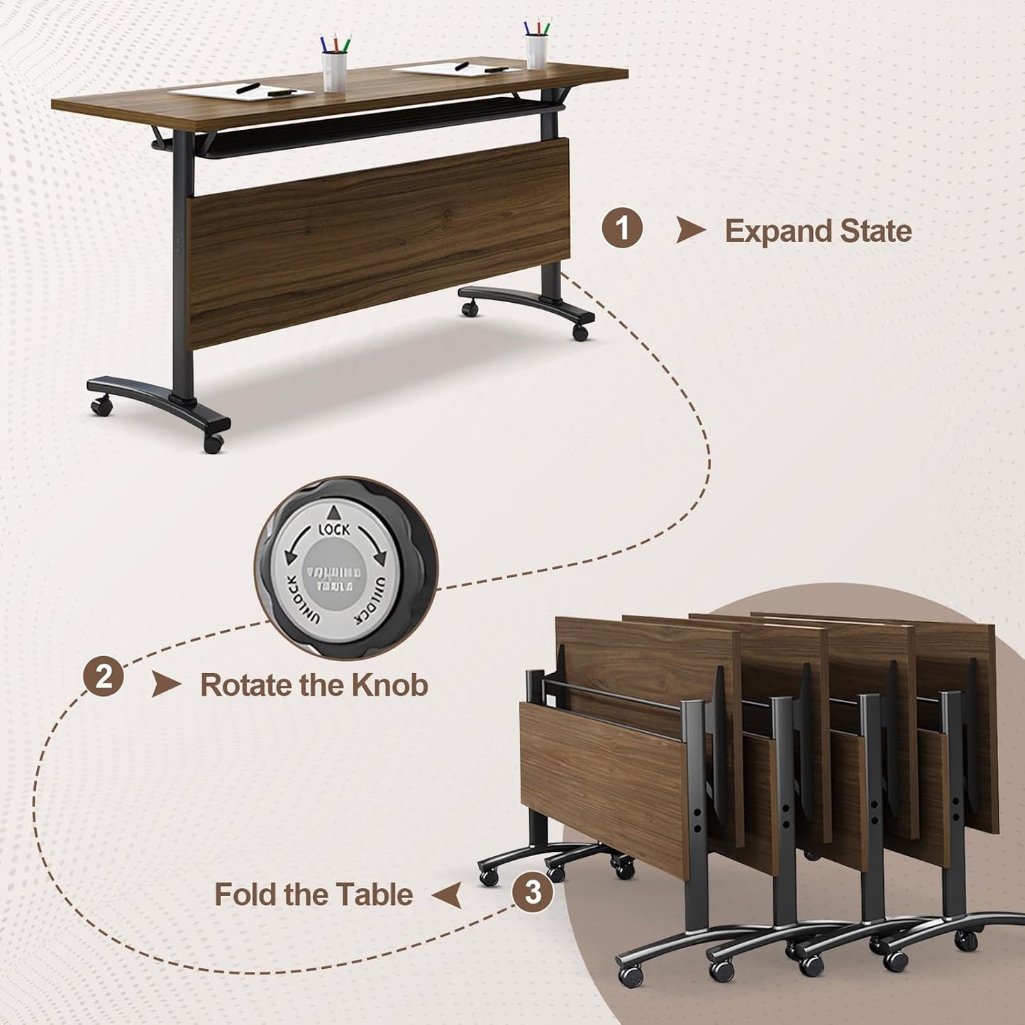 Folding Conference Room Table, Modern Conference Tables with Wheels, Large Rectangular Mobile Training Tables for Office Classroom, Foldable Modular Boardroom Seminar Table Walnut (8pack L70.9in)