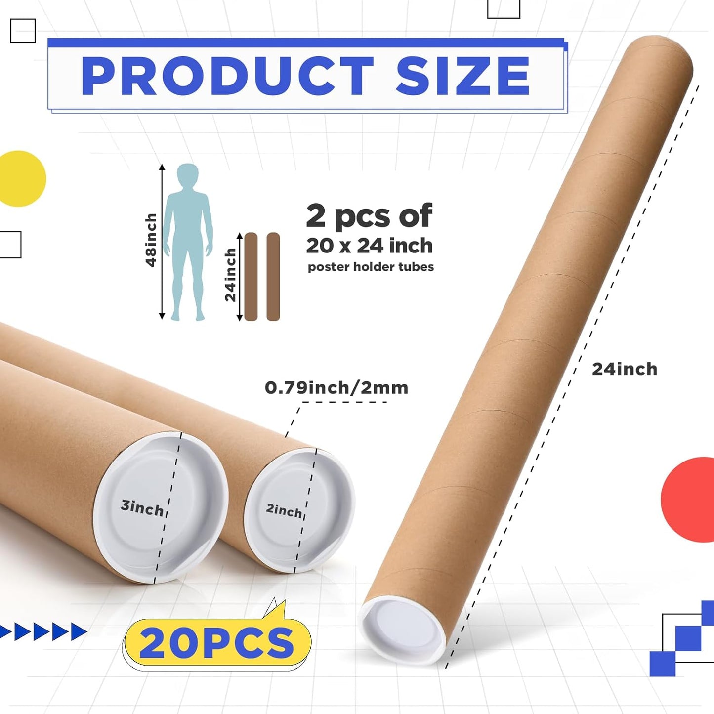 20 Pcs Mailing Tubes Kraft with Caps 24 x 3 Inch & 24 x 2 Inch Shipping Tubes Heavy Duty Cardboard Poster Tubes Kraft Poster Tube for Shipping Storage Art Prints Maps Multipurpose Documents