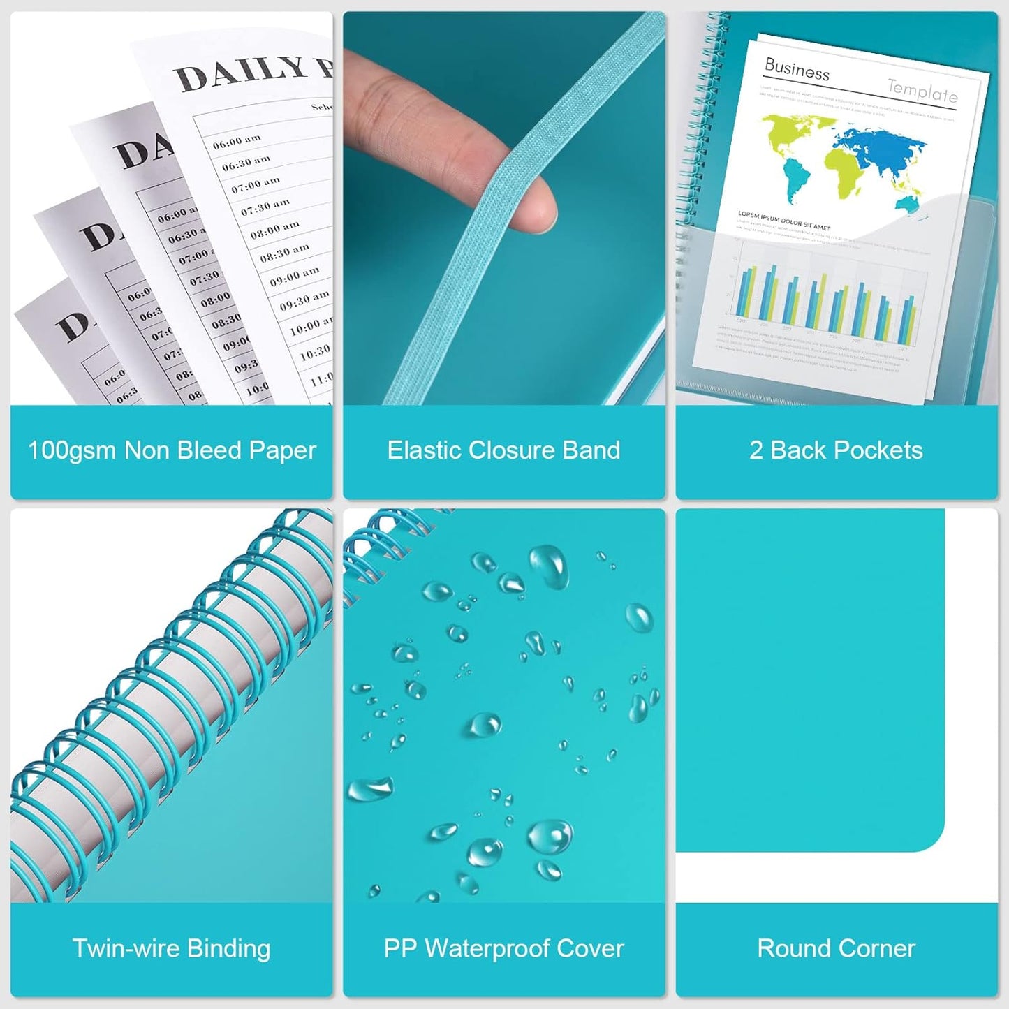 Planner Undated, Asten Daily Planner Agenda with to Do List, Hourly Schedules for Women and Men, Spiral Appointment Book with Elastic Closure, Inner Pocket 8.5" x 11" (Blue)