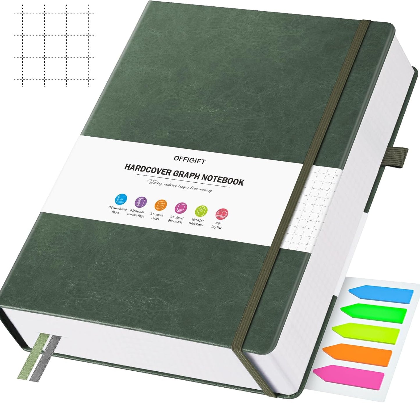 Graph Paper Notebook, 312 Numbered Pages Large A5 Hardcover Leather Journal, 100gsm No Bleed Grid Paper Notebook with Index Pages, Grid Notebook for Graphing Notes Math, 5.75" x 8.38", Green