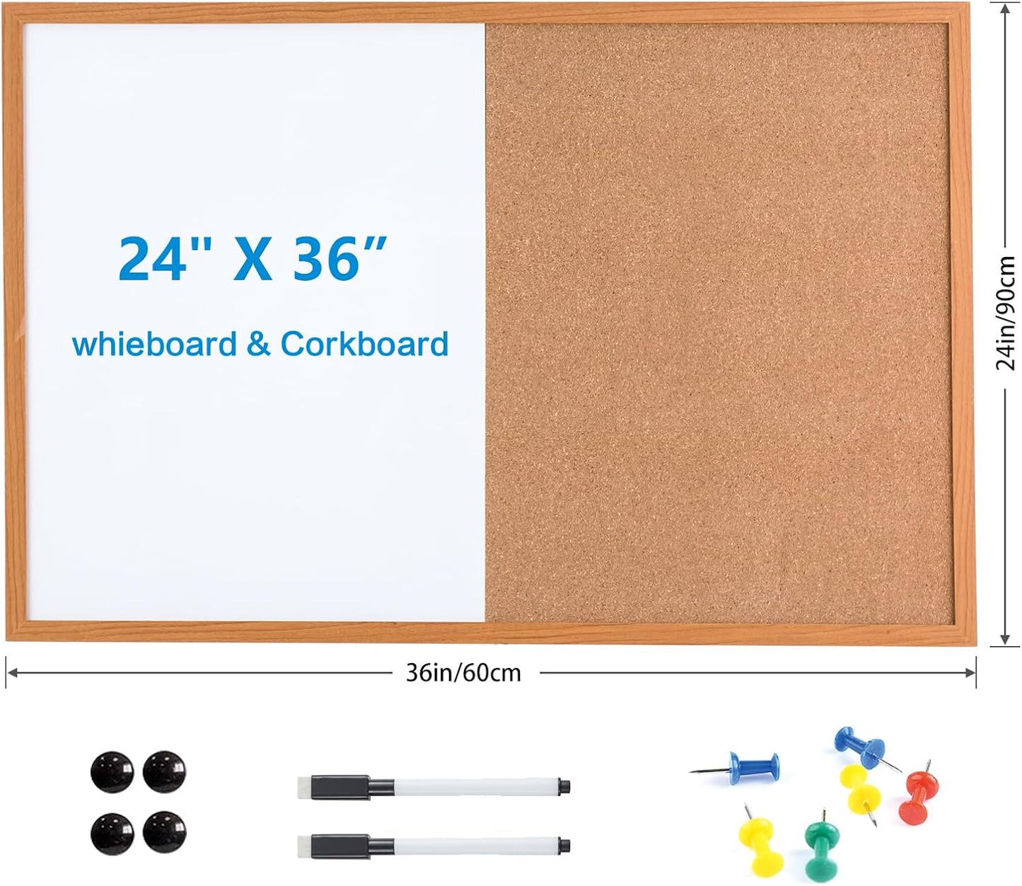 Combination Writeboard 36"x 24" Magnetic Whiteboard & Cork Board Dry Erase Board Bulletin Board Wall Mounted Wood Frame
