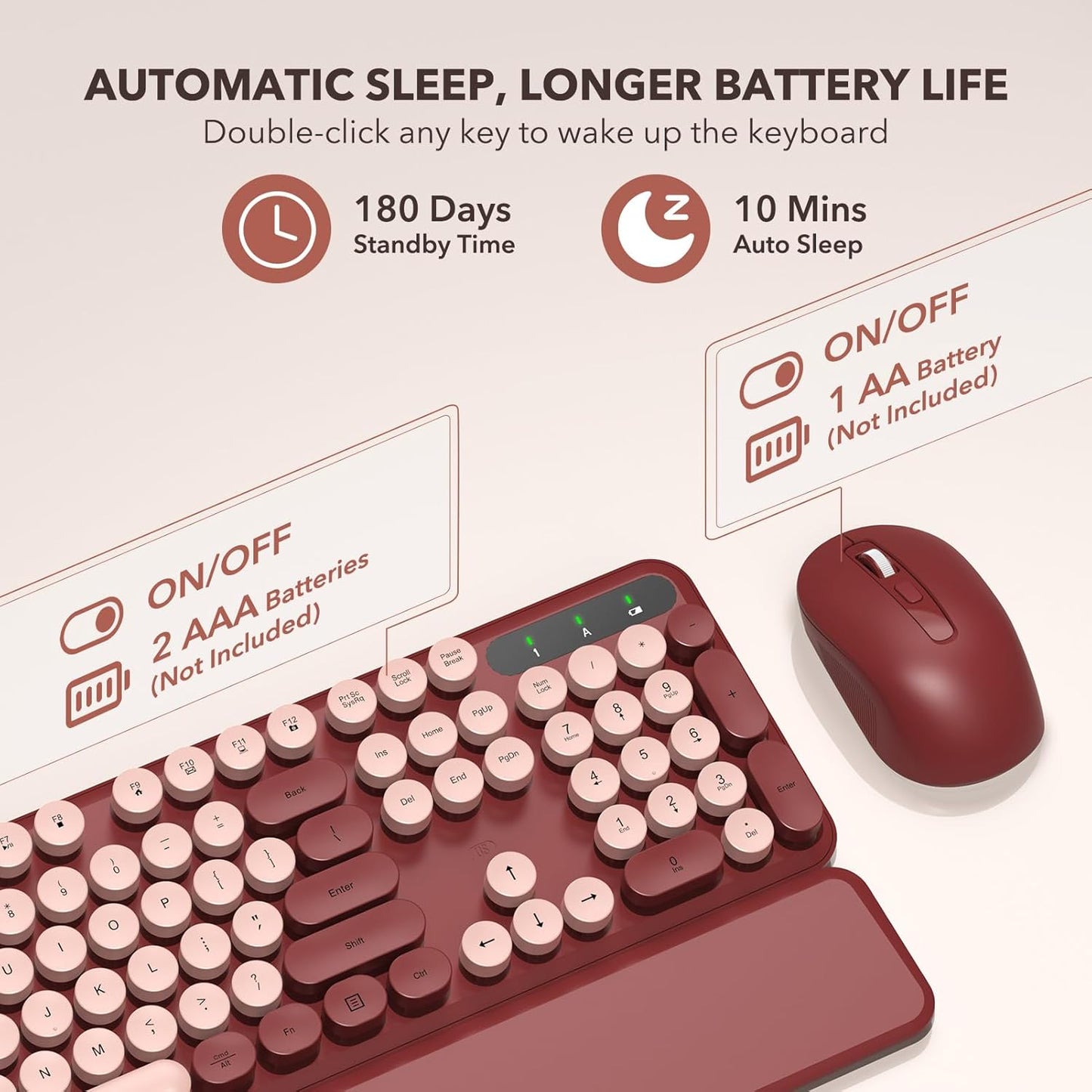 Wireless Keyboard and Mouse Combo - Retro Keyboard with Round Keycaps, Full-Size Typewriter Keyboard with Detachable Wrist Rest, 2.4GHz Connection for Mac/Windows/PC (Wine Red)