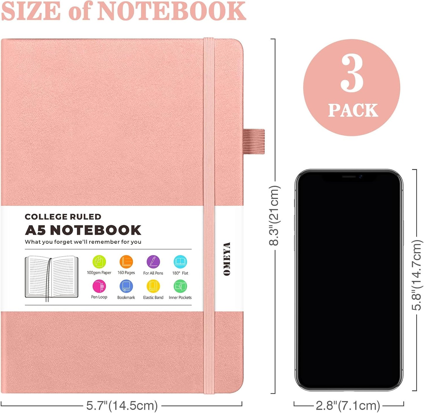 Lined Journal Notebook, 3 Pack A5 College Ruled Notebooks for Work, Hardcover Notebook Each with 2 Pockets & Pen, Leather Journal for Women, Men, 160 Pages, 100GSM Thick Paper (Sky Blue, Pink, Ivory)