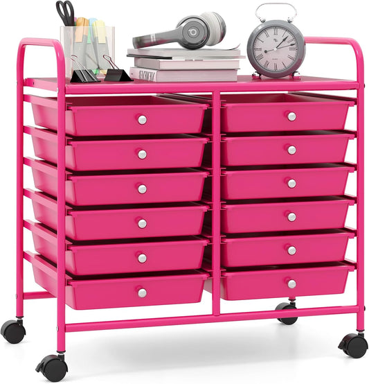 Giantex 12 Drawers Rolling Cart, Mobile Storage Drawer Cart, Classroom Organizer Cart for Office School Supplies Tools Scrapbook Paper Craft Small Printer, Utility Cart on Wheels, Hot Pink