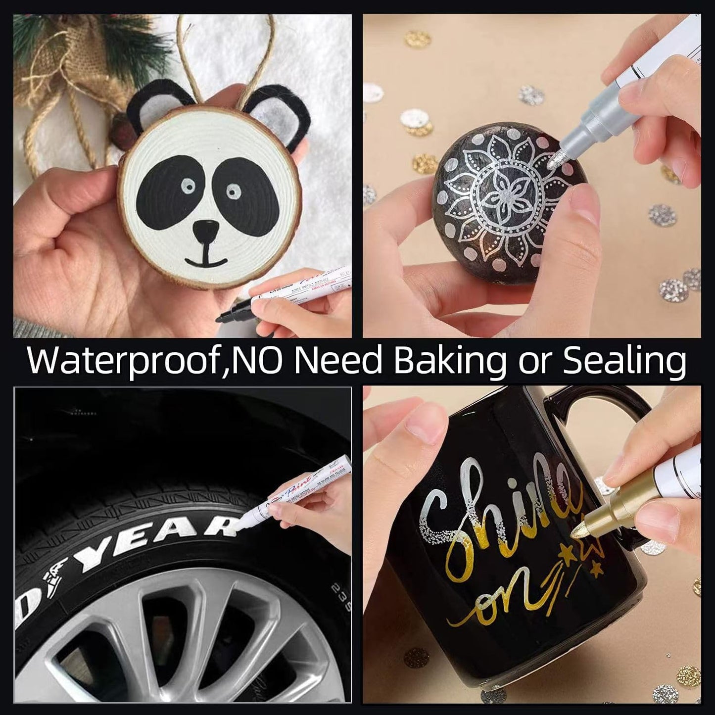 Oil Based Paint Pens,12 Pack Permanent Quick-Dry Paint Markers for Rock, Metal, Glass, Fabric, Wood, Plastic, Ceramic, Stone - Waterproof Art Supplies for DIY Crafts (Black,White,Gold,Sliver)