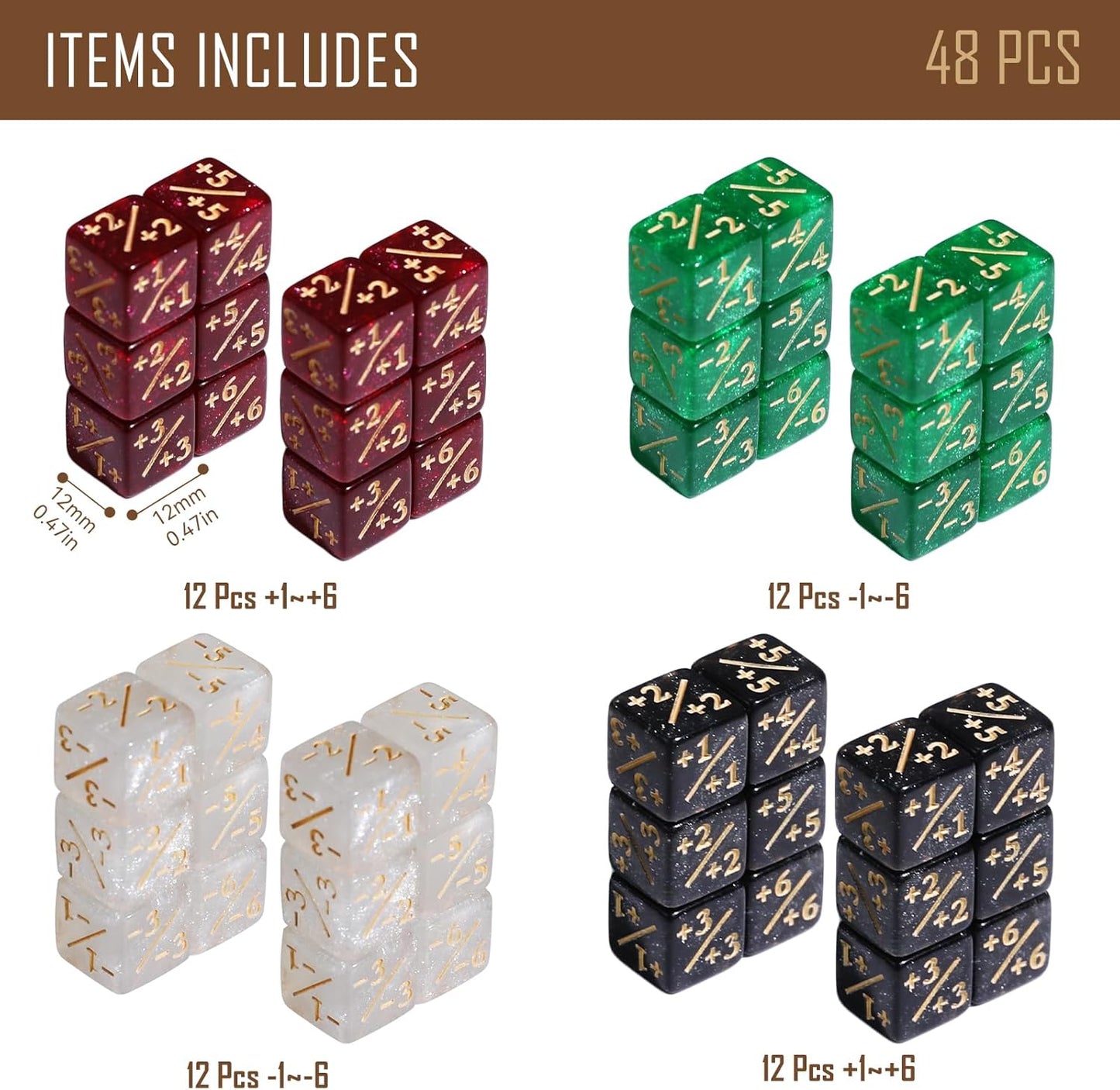 48PCS 12mm Dice Set, Life Counters Tokens Loyalty 6 Sided Dice with Box, Compatible with MTG Magic Cards Gaming Accessories Creature Stats