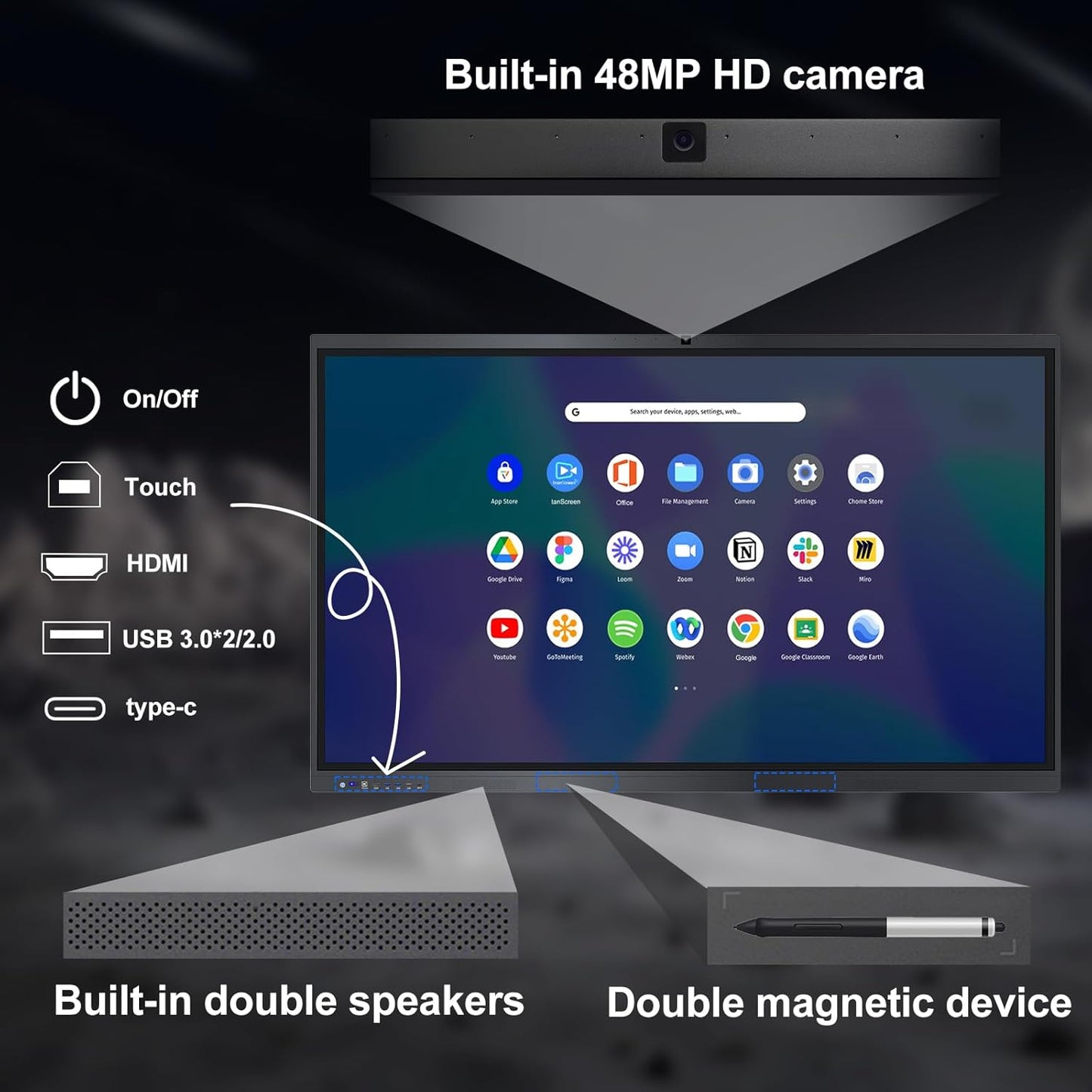 Smart Board,65" Smart Board for Classroom Office Home, 4K UHD Touch Screen Open Dual System Smart Whiteboard,Digital whiteboard with 48MP HD Camera(Board+Wall Mount Included)