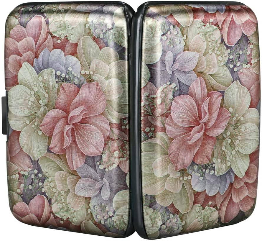 ELFISH Mini RFID Aluminum Wallet Credit Cards Holder Business Card Case Metal ID Case for Men Women（Happy Flower