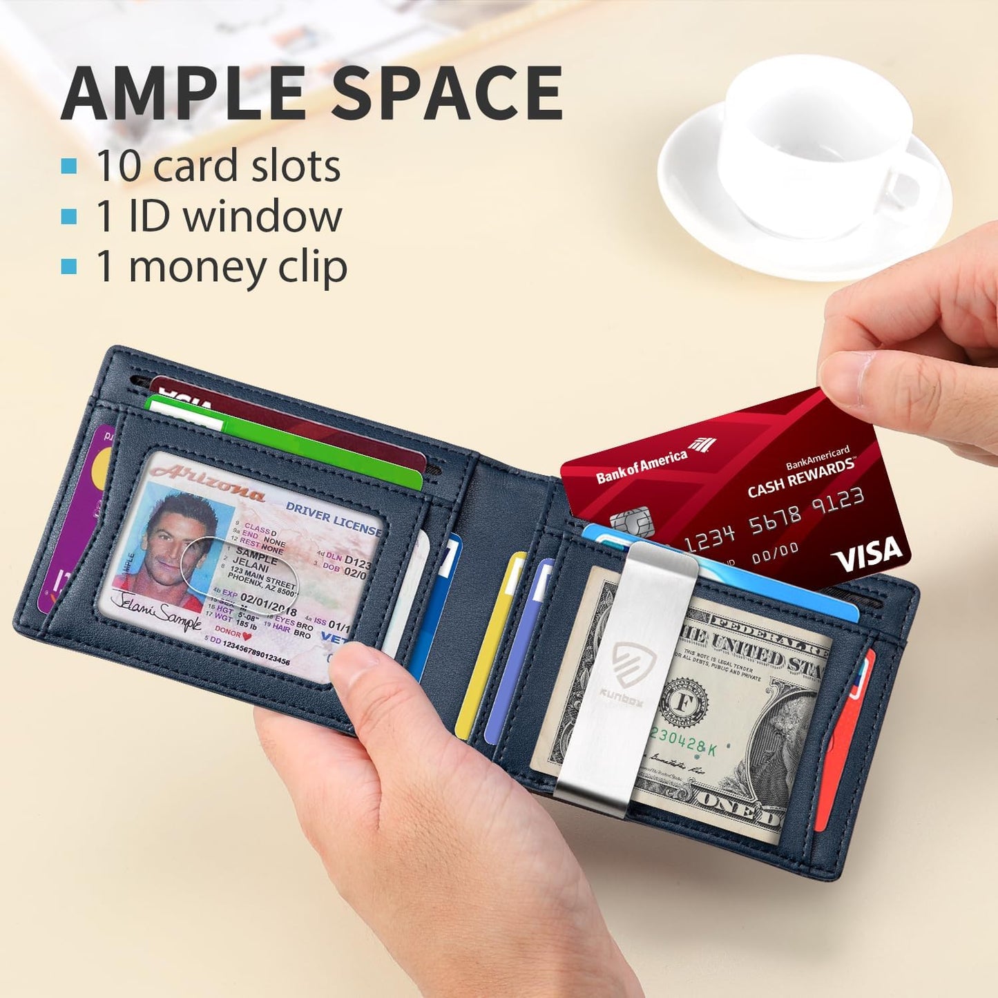 RUNBOX Mens Slim Wallet with Money Clip RFID Blocking Bifold Credit Card Holder for Men with Gift Box