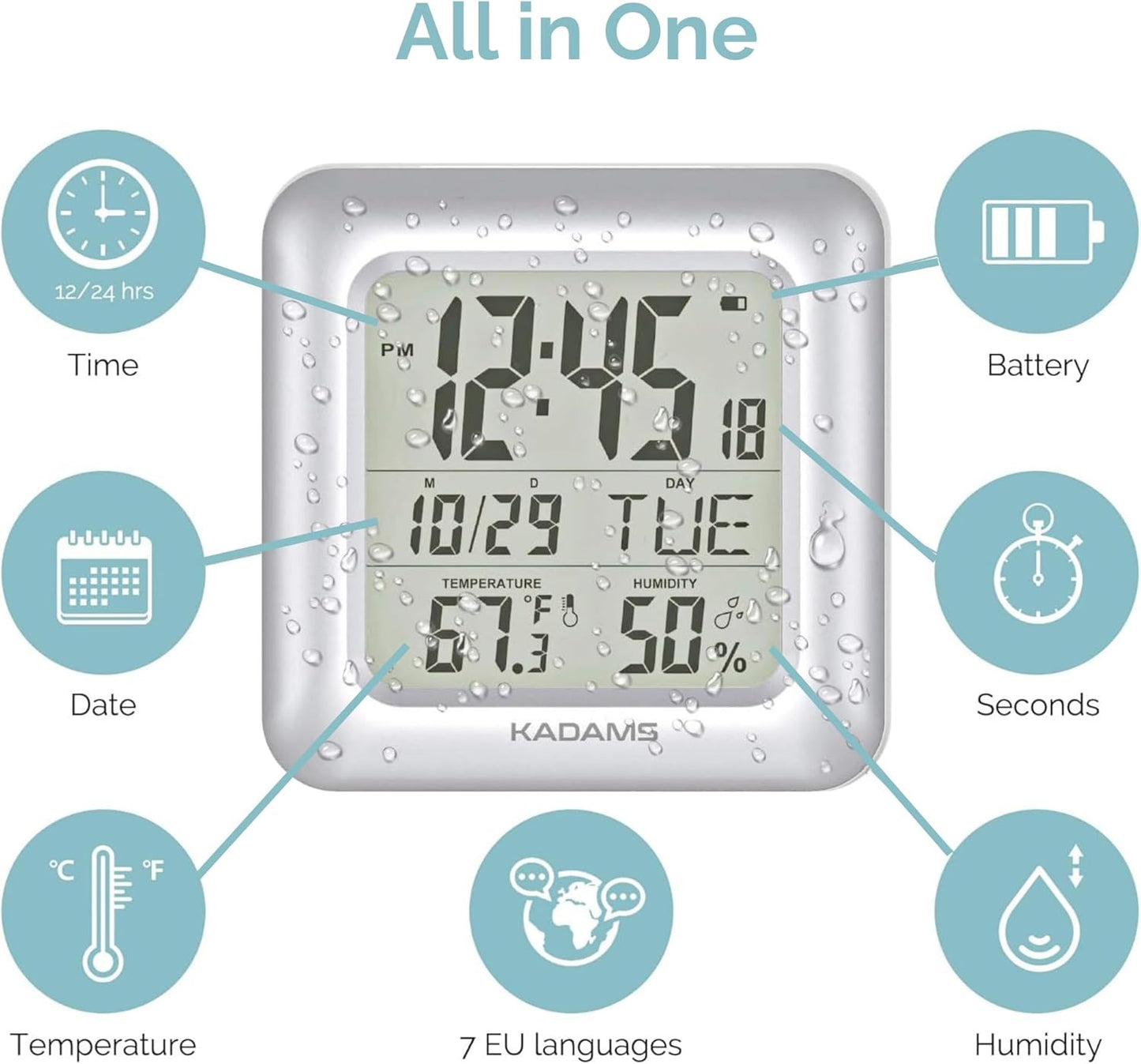 KADAMS Bathroom Clock 9.5" Kitchen Wall Clock with Large LCD Screen – Shower Clock with Suction Cup,Temperature, Humidity, Calendar – Water-Resistant, 4 Mounting Options, Silver