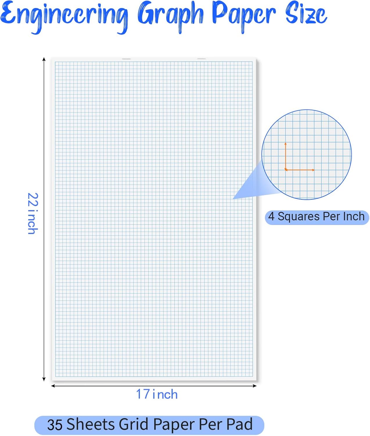 Large Grid Graph Paper Pad, 22 x 17 inches, 0.25" 4x4 Square Grid, Blueprint, High Brightness, 35 Sheets/70Pages, 2 Pack Engineering Graph Paper Pads (4 Squares Per Inch, 35 Sheets Each Pad.)
