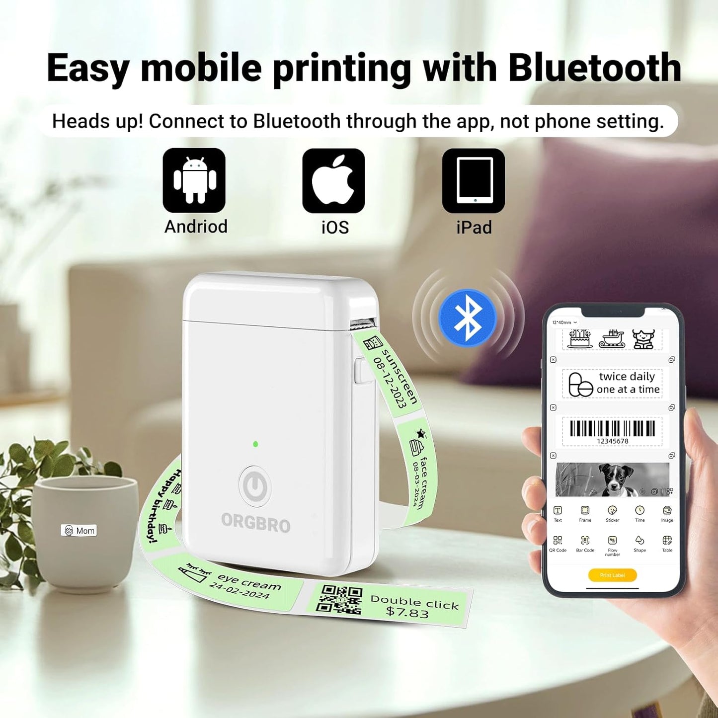 ORGBRO Label Maker Machine with Tape, X1 Portable Bluetooth Mini Label Printer, Support Pre-Cut & Continuous Label, Wireless Small Label Makers with Versatile App for School Home Office Organization