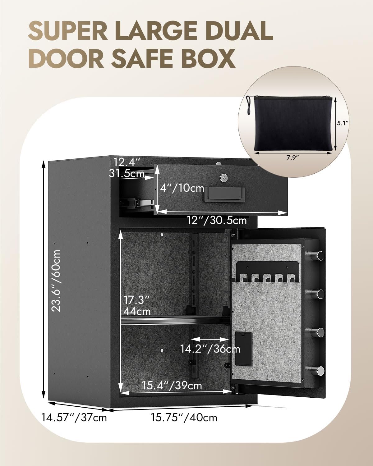 5.1Cuft Safe Box with Drawer Fireproof Waterproof Bag, 3 Unlock Methods, Vibration Alert & Silent Mode, M oney box Safe for Home, Office, Valuables