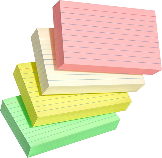 200 PCS Colored Index Cards 3x5, Ruled Index Cards, Flash Cards for Studying, Heavy Note Cards for Office, Home and School，Light Red/Green/Yellow/Beige 4 Colors, 50 PCS of Each Color