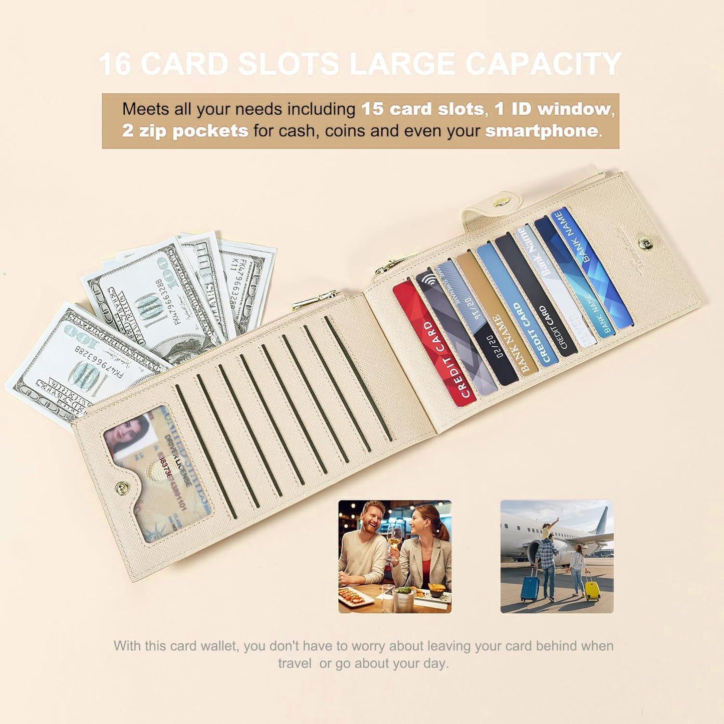 Travelambo RFID Wallet Women Large Size Bifold Multi Card Wallet Case with Zipper Pocke Credit Card Holder for Women