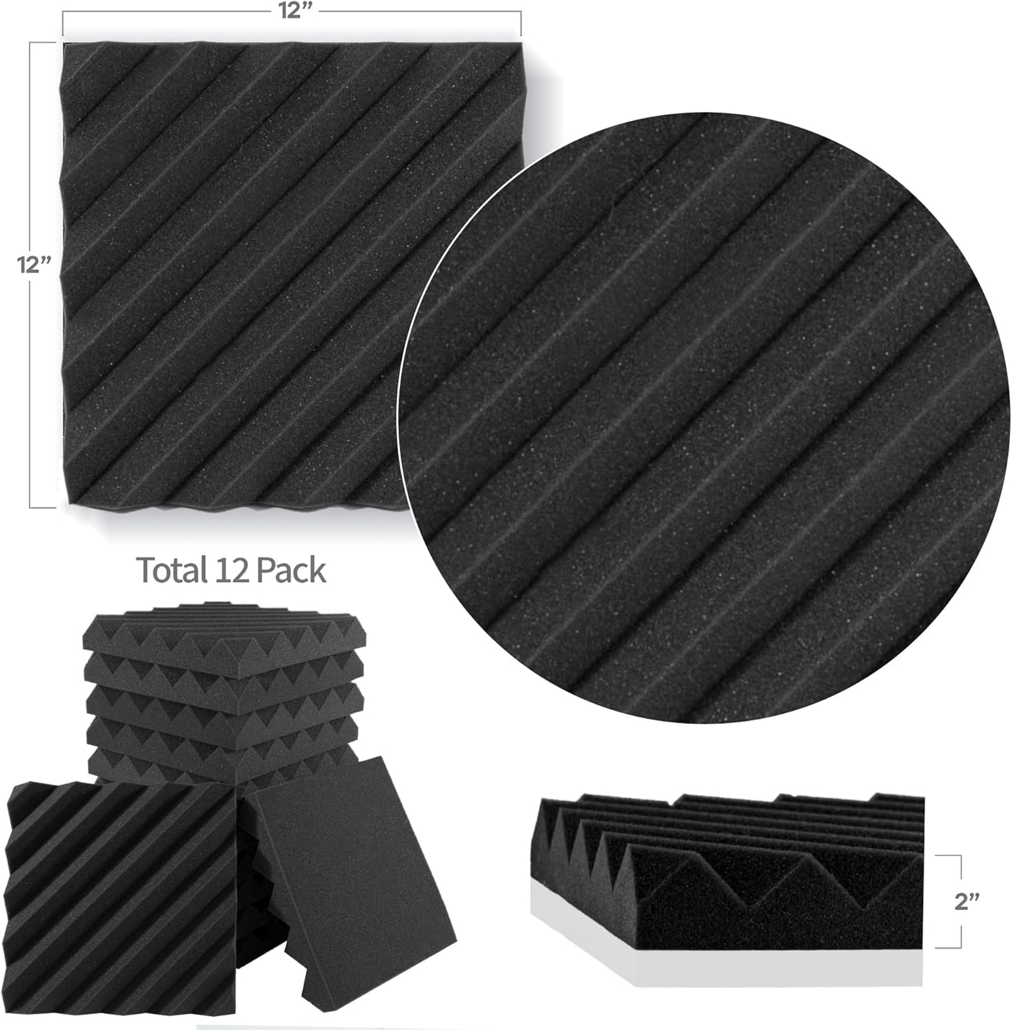 12 Pack Sound Proof Foam Panels for Walls, 12x12x2 Inches Slash Style Acoustic Panels for Home Studio Acoustic Treatment (Black)