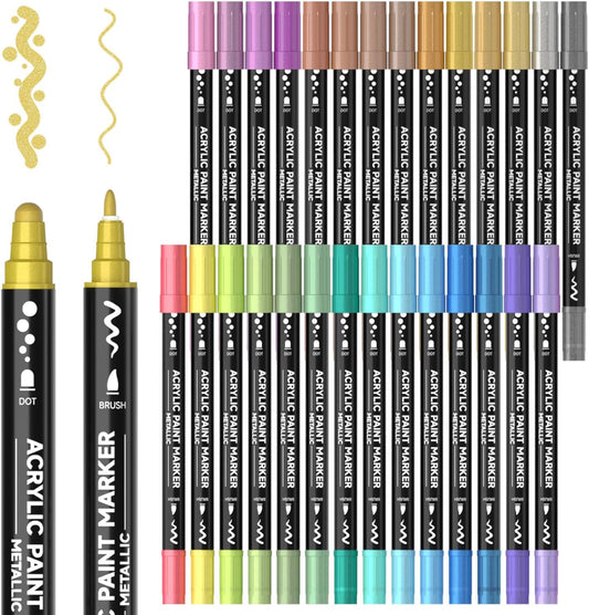 28 Metallic Colors Dual Tip Acrylic Paint Markers, Dot Tip and Fine Tip Acrylic Paint Pens for Rock Painting, Ceramic, Wood, Canvas, Plastic, Glass, Stone, Calligraphy, Card Making, DIY Crafts
